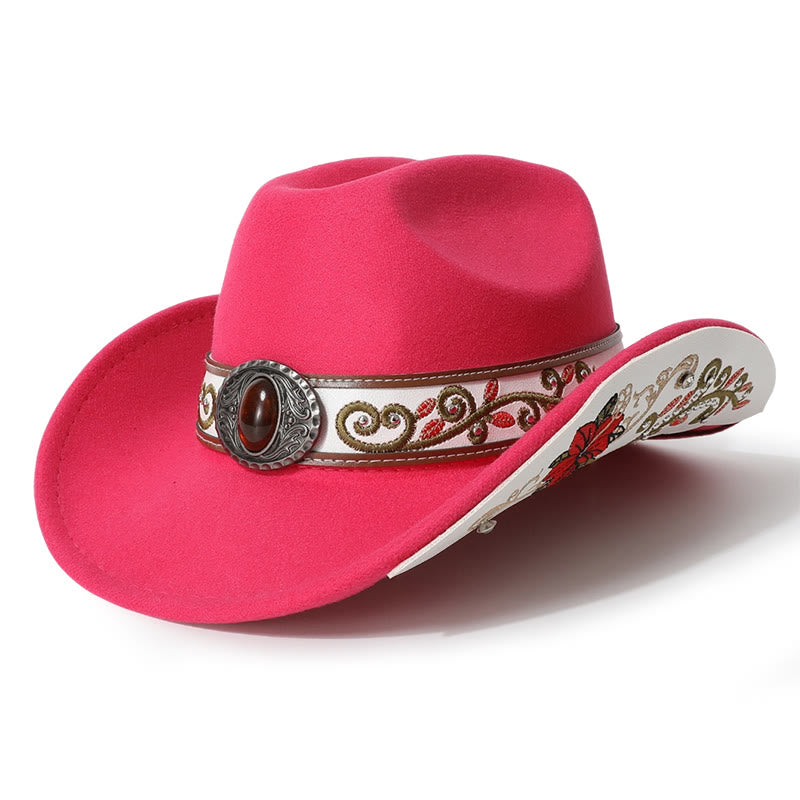  Flower Embroidered Ruby Brim Belt Men's Cowboy Hat - Rose - M (22"-22 7/8") - image 1