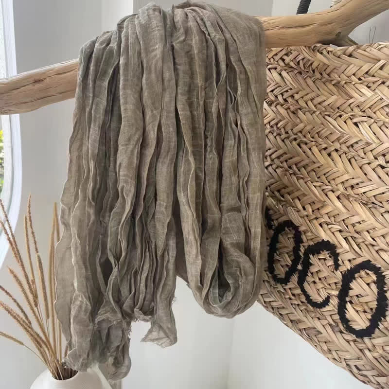 Chic Wrinkles Textured Four Seasons Cotton Linen Scarf - Dark Khaki - image 4