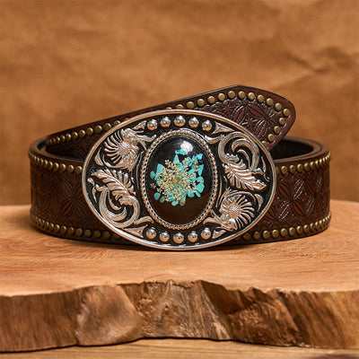 Silver Black Carved Turquoise & Flowers DIY Buckle Leather Belt - Brown Rivet Belt - 42 - image 5