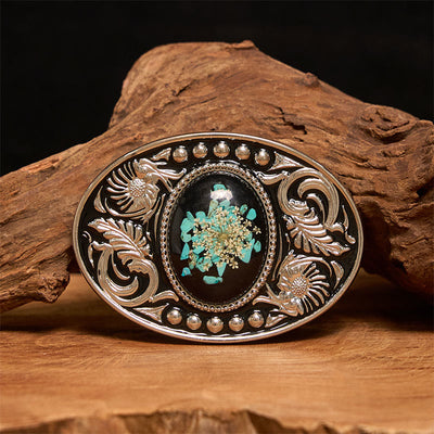 Silver Black Carved Turquoise & Flowers DIY Buckle Leather Belt - Without Belt - Not Included Belt - image 0