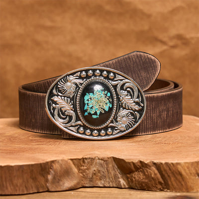 Silver Black Carved Turquoise & Flowers DIY Buckle Leather Belt - Brown Distressed Belt - 42 - image 6
