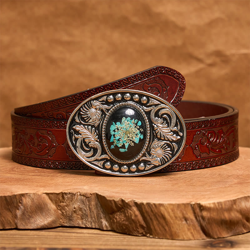 Silver Black Carved Turquoise & Flowers DIY Buckle Leather Belt - Brown Carved Belt - 42 - image 7