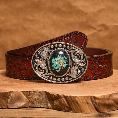 Silver Black Carved Turquoise & Flowers DIY Buckle Leather Belt - Brown Carved Belt - 42 - image 7