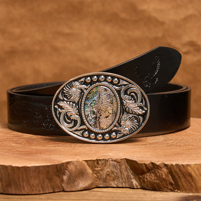 Silver Black Carved Shell DIY Buckle Leather Belt - Black Embossed Eagle Belt - 42 - image 3