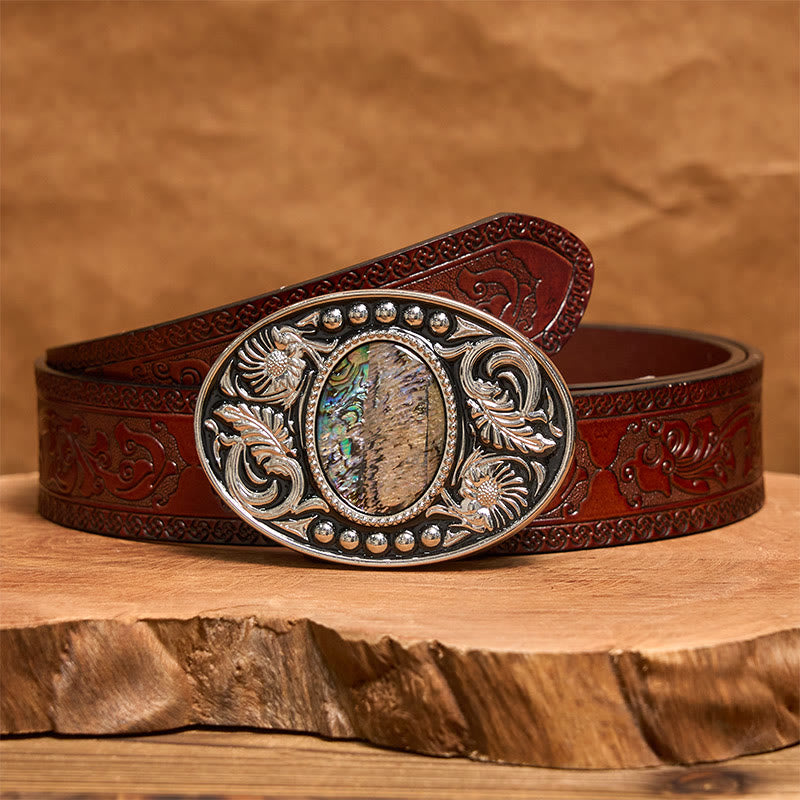 Silver Black Carved Shell DIY Buckle Leather Belt - Brown Carved Belt - 42 - image 7