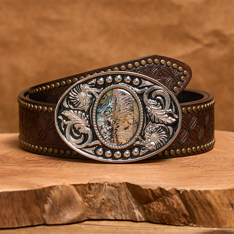 Silver Black Carved Shell DIY Buckle Leather Belt - Brown Rivet Belt - 42 - image 5