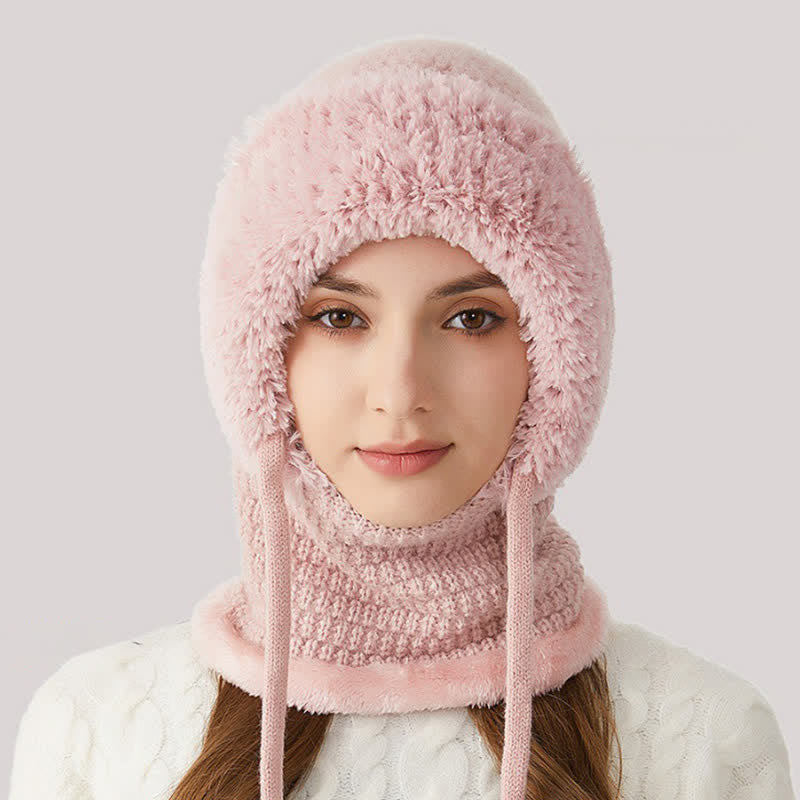3 In 1 Plush Knitted Beanie Hat With Scarf And Mask - Pink - M (22"-22 7/8") - image 13