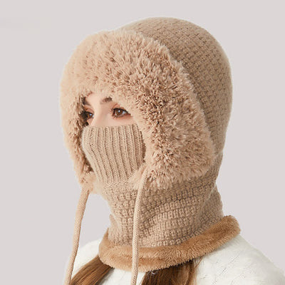 3 In 1 Plush Knitted Beanie Hat With Scarf And Mask - Khaki - M (22"-22 7/8") - image 3