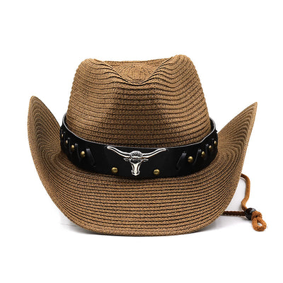 Western Silver Bull Head Black Brim Belt Men's Straw Hat - image 1