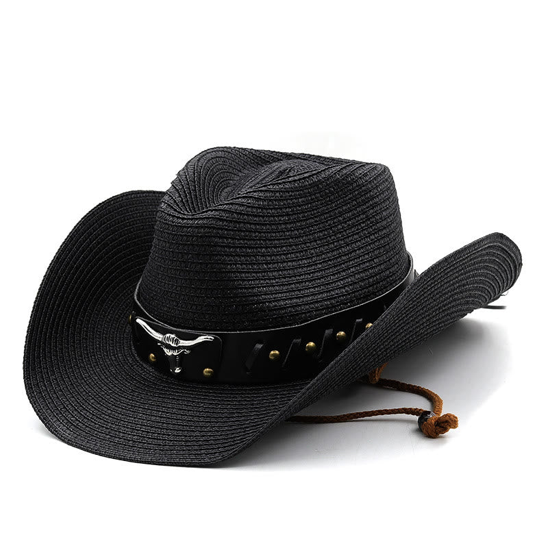 Western Silver Bull Head Black Brim Belt Men's Straw Hat - Black - M (22"-22 7/8") - image 9