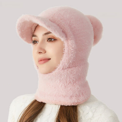 3 In 1 Visor Desgin Knitted Beanie Hat With Scarf And Mask - Pink - Adjustable (22"-23 1/4") - image 12