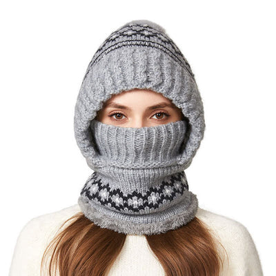 3 In 1 Ethnic Jacquard Knitted Beanie Hat With Scarf And Mask - Gray - Adjustable (21 5/8"-22 7/8") - image 13