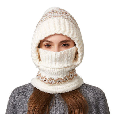 3 In 1 Ethnic Jacquard Knitted Beanie Hat With Scarf And Mask - Ivory - Adjustable (21 5/8"-22 7/8") - image 7