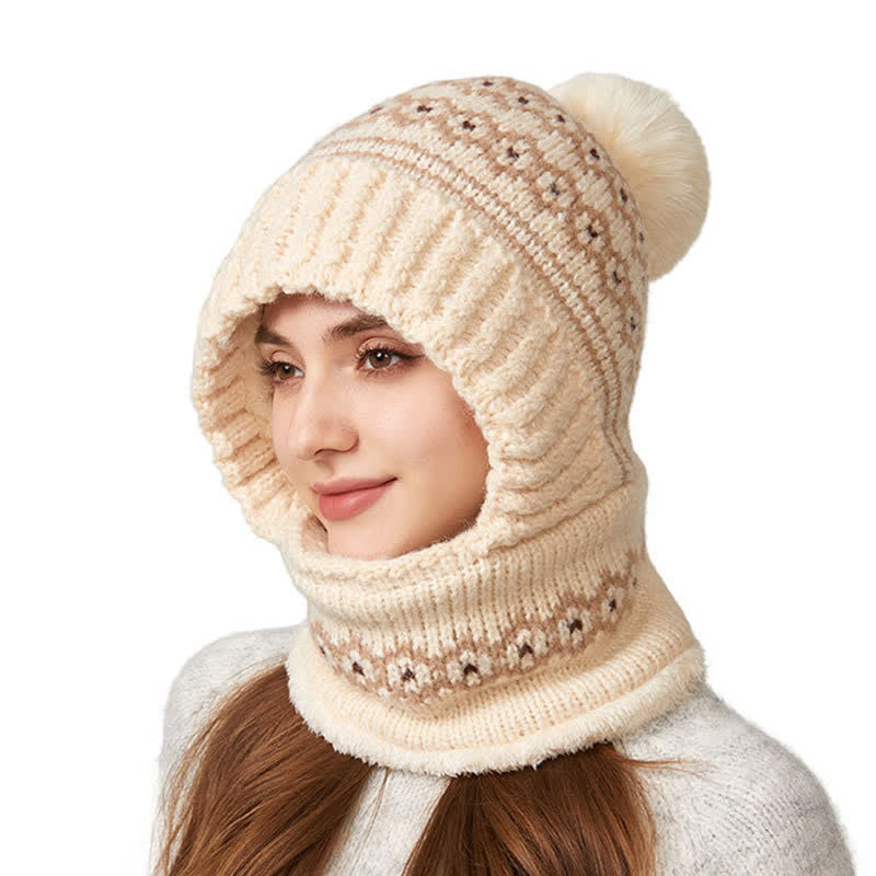 3 In 1 Ethnic Jacquard Knitted Beanie Hat With Scarf And Mask - Beige - Adjustable (21 5/8"-22 7/8") - image 0