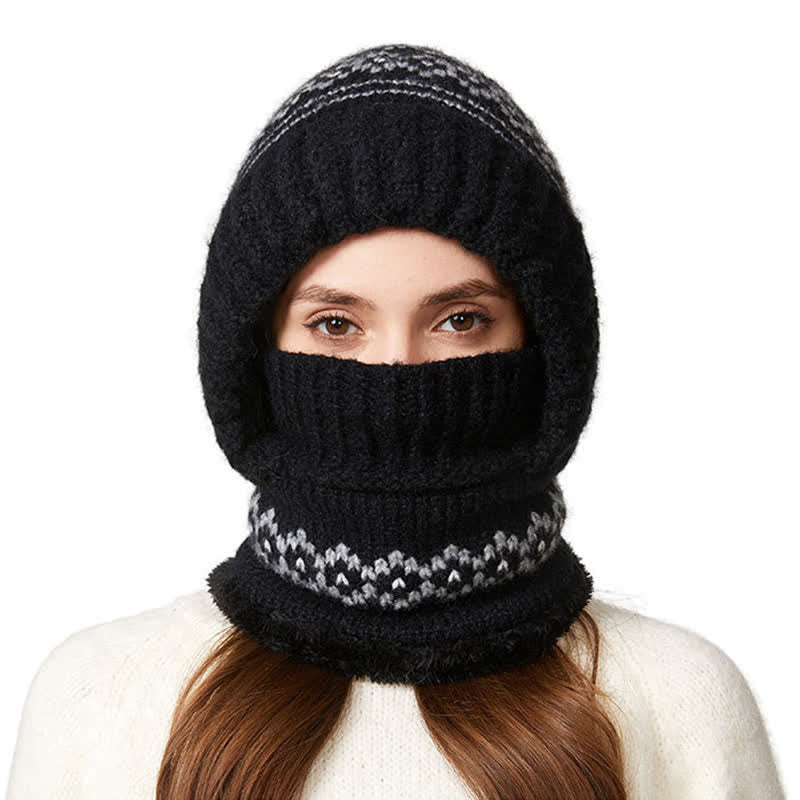 3 In 1 Ethnic Jacquard Knitted Beanie Hat With Scarf And Mask - Black - Adjustable (21 5/8"-22 7/8") - image 4