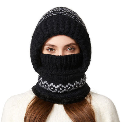 3 In 1 Ethnic Jacquard Knitted Beanie Hat With Scarf And Mask - Black - Adjustable (21 5/8"-22 7/8") - image 4