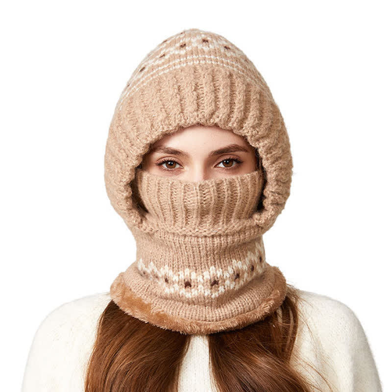 3 In 1 Ethnic Jacquard Knitted Beanie Hat With Scarf And Mask - Khaki - Adjustable (21 5/8"-22 7/8") - image 10