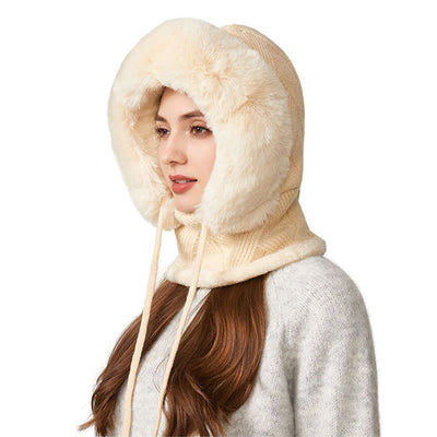 3 In 1 Plush Twill Weave Knitted Beanie Hat With Scarf And Mask - Beige - M (22"-22 7/8") - image 8