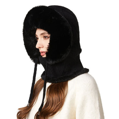 3 In 1 Plush Twill Weave Knitted Beanie Hat With Scarf And Mask - Black - M (22"-22 7/8") - image 4