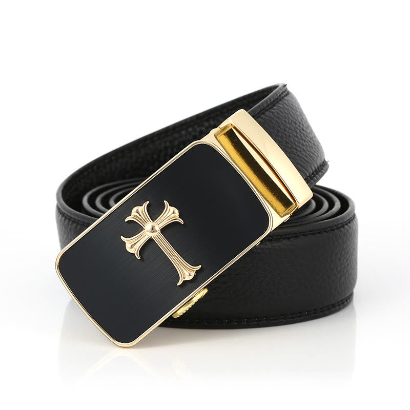 Men's Luxury Golden Cross Automatic Buckle Black Belt - Golden Cross - 42 - image 1