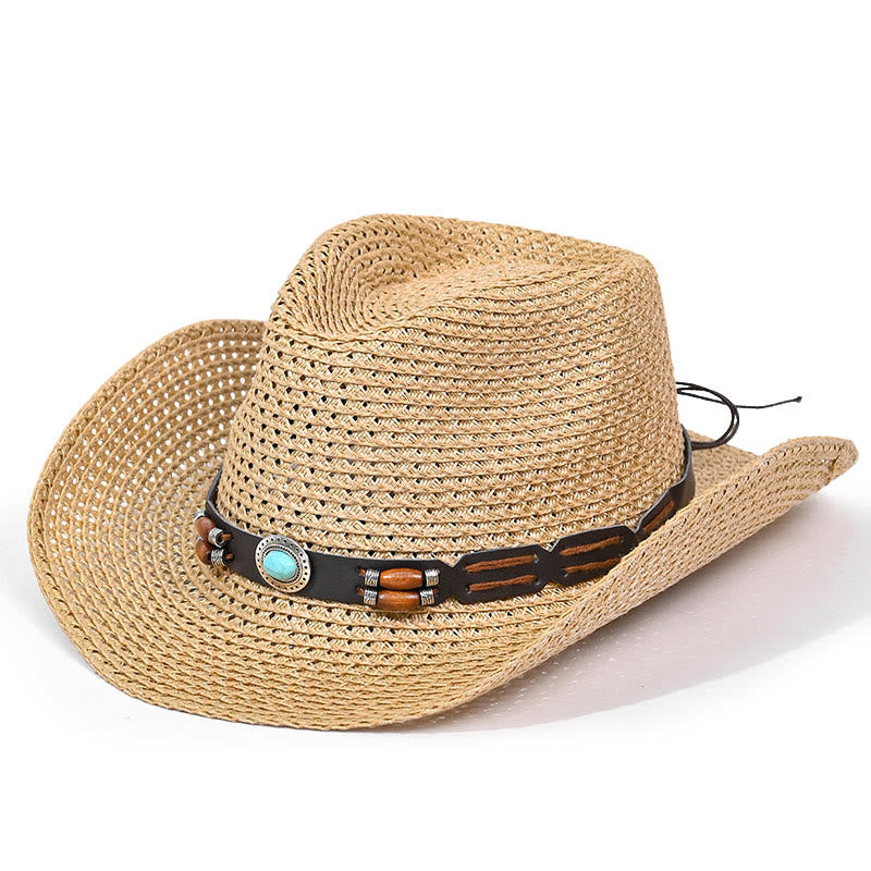 Bohemian Turquoise Brim Belt Men's Straw Cowboy Hat - Style #3 - M (22"-22 7/8") - image 3