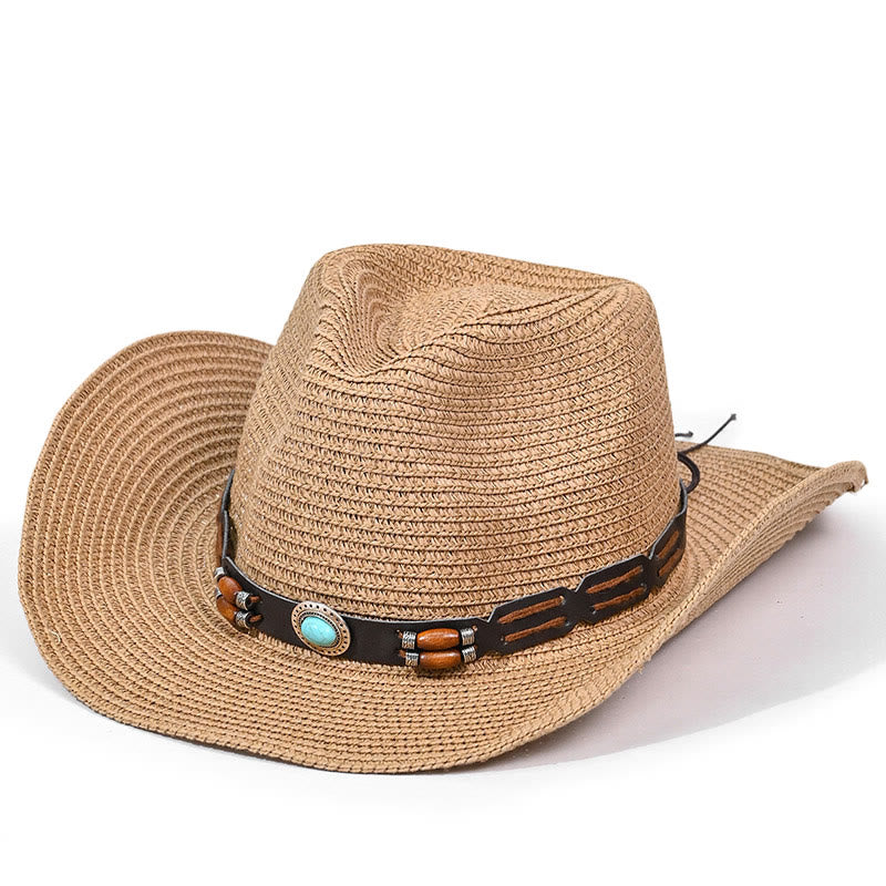Bohemian Turquoise Brim Belt Men's Straw Cowboy Hat - Style #1 - M (22"-22 7/8") - image 0