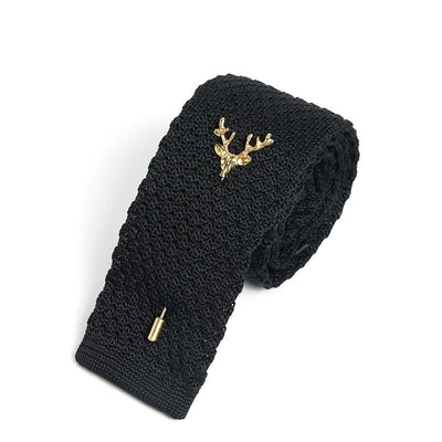 Men's Festival Knitted Necktie With Deer Brooch Pin - Black & Gold - image 1
