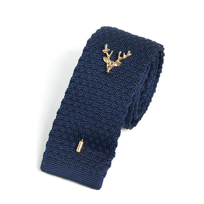 Men's Festival Knitted Necktie With Deer Brooch Pin - Navy & Gold - image 8