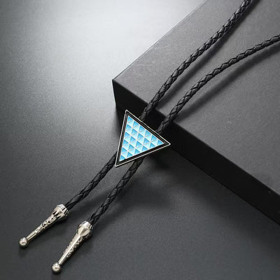 Geometric Triangle Pattern Metal Braided Leather Bolo Tie - Silver - image 1