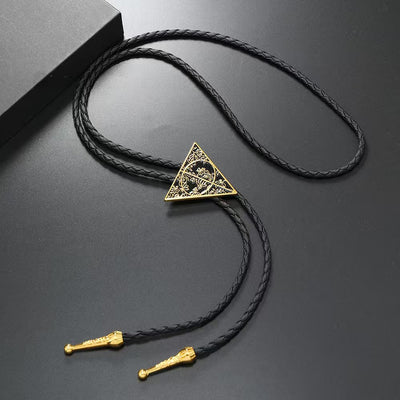 Geometric Triangle Pattern Metal Braided Leather Bolo Tie - Gold - image 2