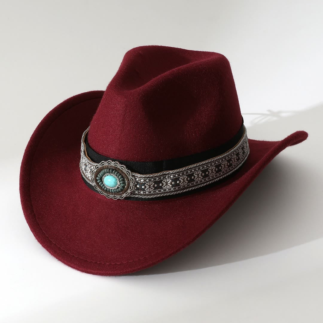 Men's Western Style Turquoise Patterned Brim Belt Cowboy Hat - Wine - M (22"-22 7/8") - image 2