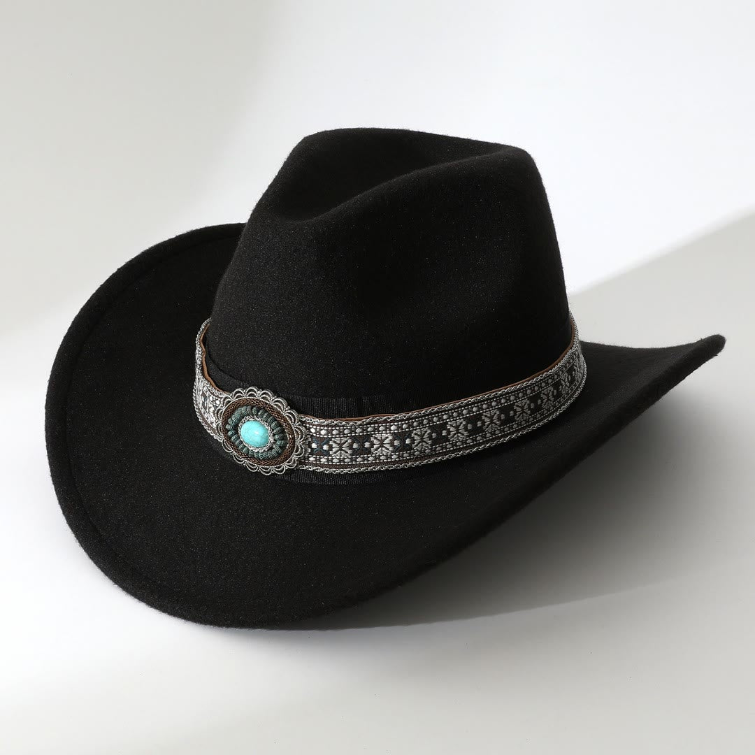 Men's Western Style Turquoise Patterned Brim Belt Cowboy Hat - Black - M (22"-22 7/8") - image 0
