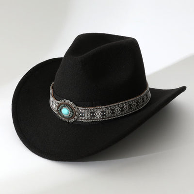 Men's Western Style Turquoise Patterned Brim Belt Cowboy Hat - Black - M (22"-22 7/8") - image 0