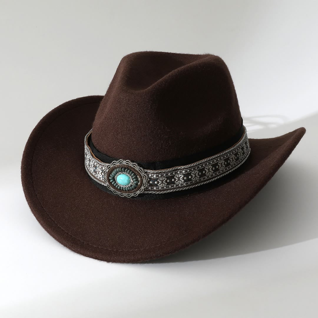 Men's Western Style Turquoise Patterned Brim Belt Cowboy Hat - Coffee - M (22"-22 7/8") - image 1