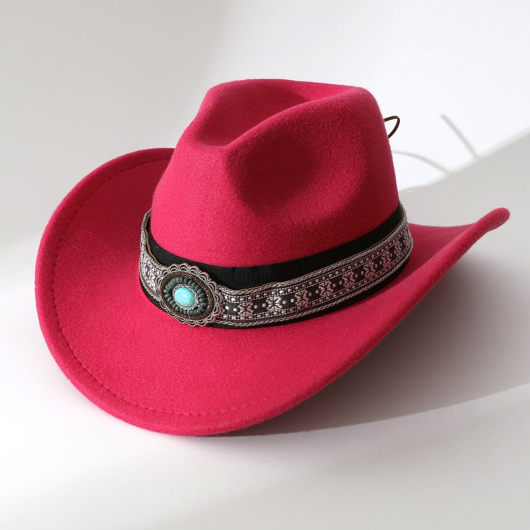 Men's Western Style Turquoise Patterned Brim Belt Cowboy Hat - Rose - M (22"-22 7/8") - image 5