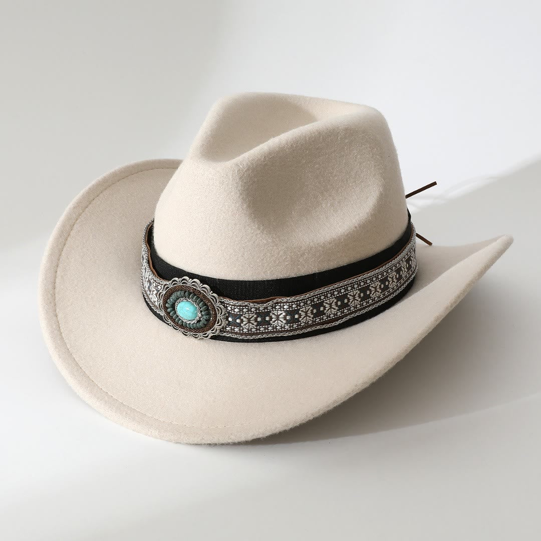 Men's Western Style Turquoise Patterned Brim Belt Cowboy Hat - White - M (22"-22 7/8") - image 4