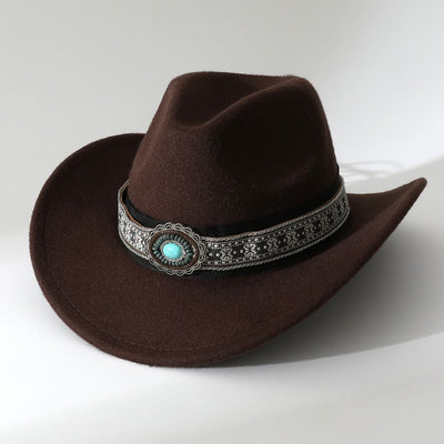 Men's Western Style Turquoise Patterned Brim Belt Cowboy Hat - Coffee - M (22"-22 7/8") - image 1