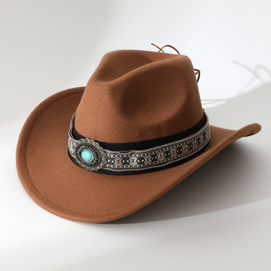 Men's Western Style Turquoise Patterned Brim Belt Cowboy Hat - Brown - M (22"-22 7/8") - image 6