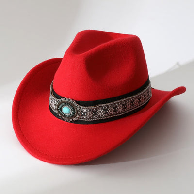 Men's Western Style Turquoise Patterned Brim Belt Cowboy Hat - Red - M (22"-22 7/8") - image 3