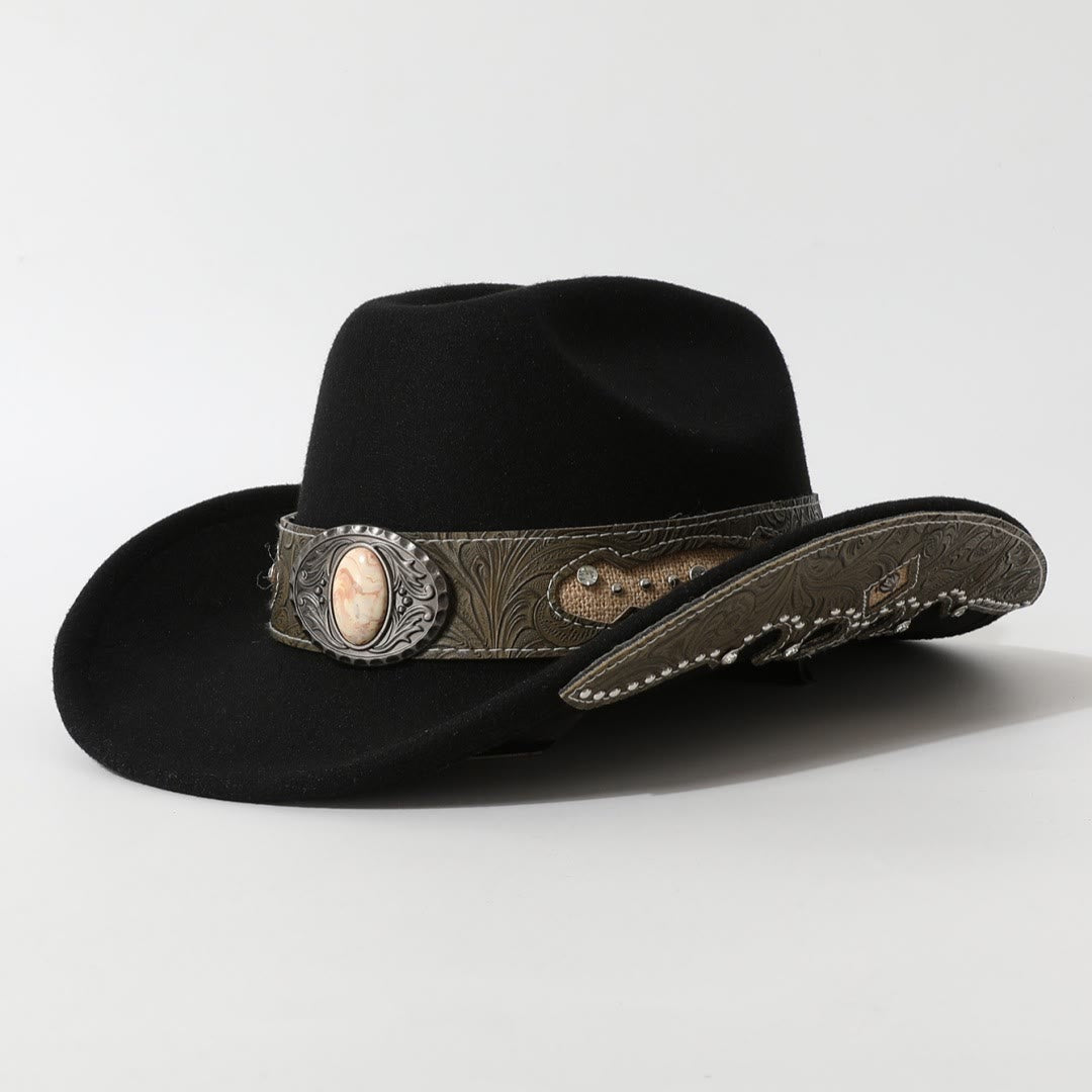 Men's Textured Stone Rivet Patterned Brim Belt Cowboy Hat - Black - M (22"-22 7/8") - image 7