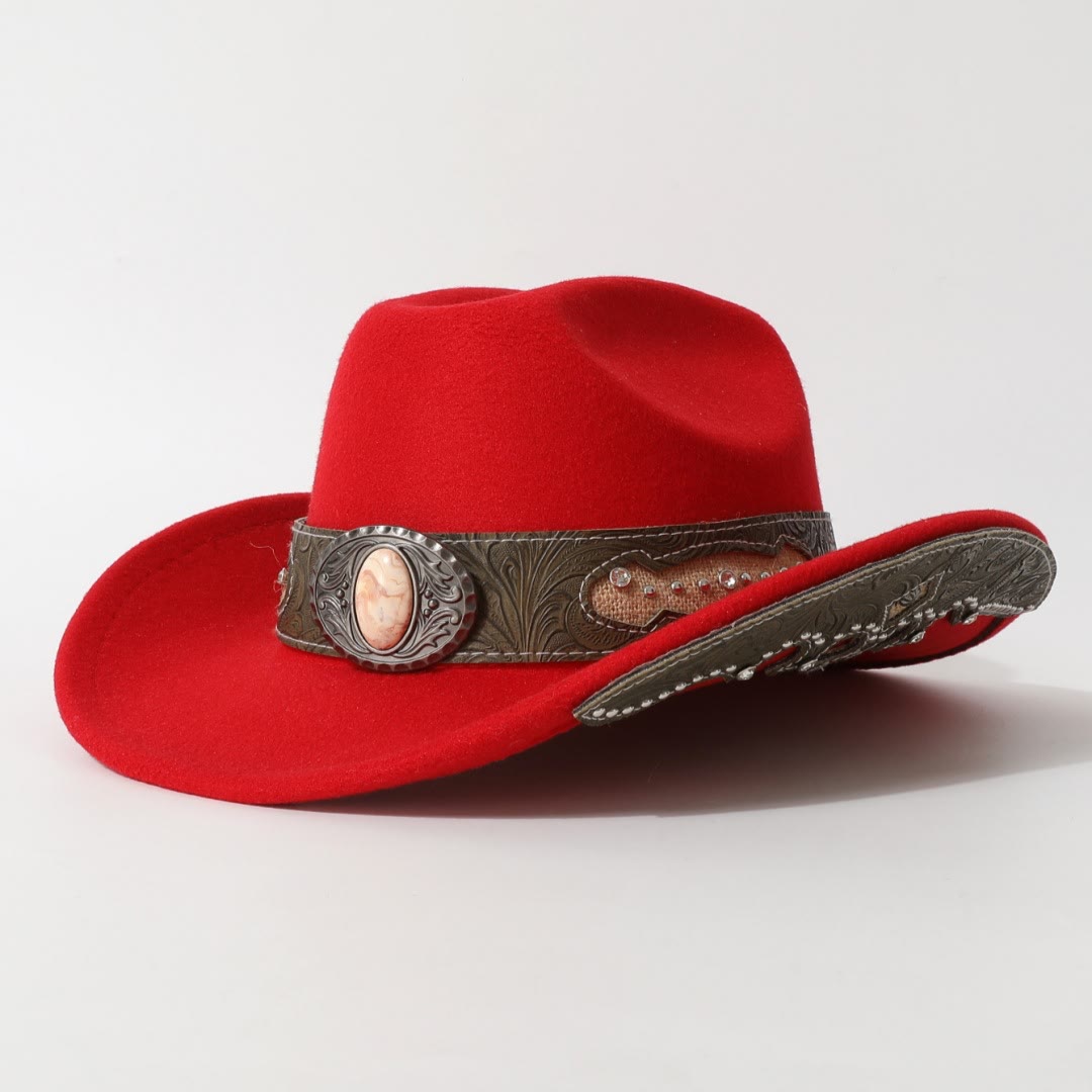 Men's Textured Stone Rivet Patterned Brim Belt Cowboy Hat - Red - M (22"-22 7/8") - image 5