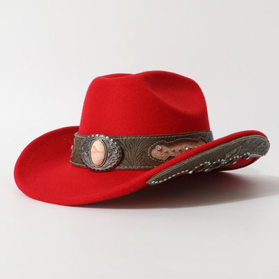 Men's Textured Stone Rivet Patterned Brim Belt Cowboy Hat - Red - M (22"-22 7/8") - image 5