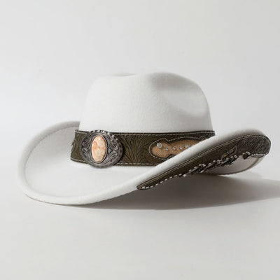 Men's Textured Stone Rivet Patterned Brim Belt Cowboy Hat - White - M (22"-22 7/8") - image 0