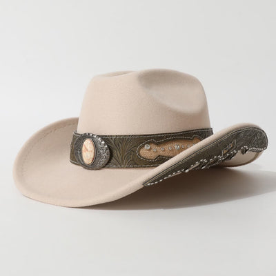 Men's Textured Stone Rivet Patterned Brim Belt Cowboy Hat - Beige - M (22"-22 7/8") - image 2