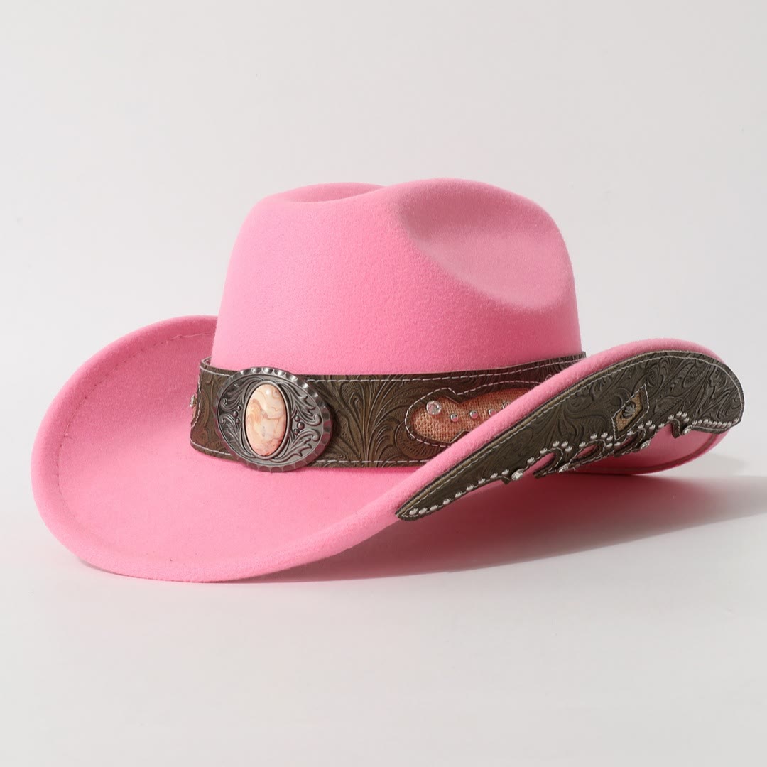 Men's Textured Stone Rivet Patterned Brim Belt Cowboy Hat - Pink - M (22"-22 7/8") - image 1