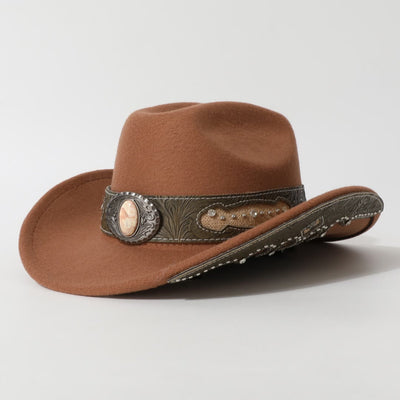 Men's Textured Stone Rivet Patterned Brim Belt Cowboy Hat - Brown - M (22"-22 7/8") - image 9