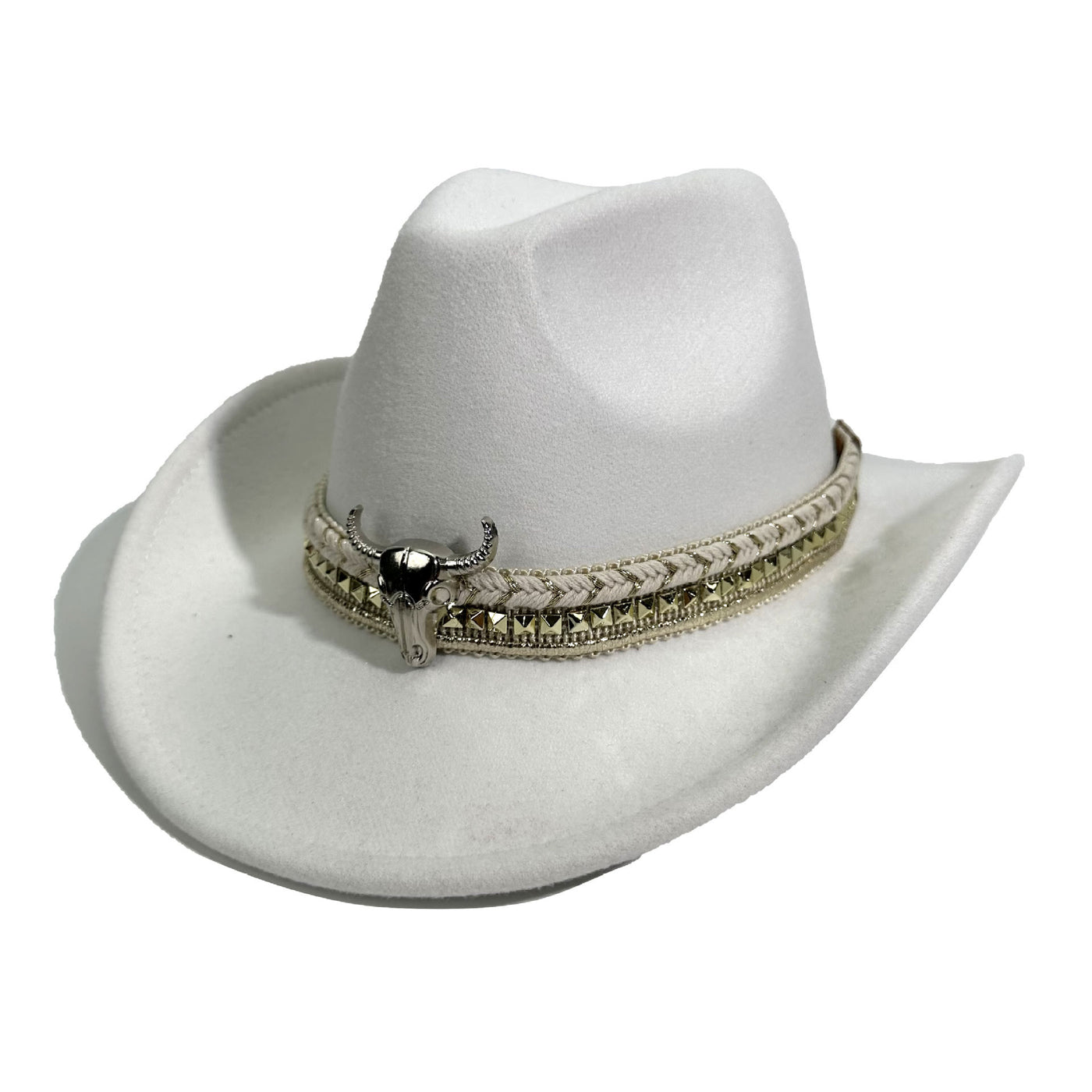 Men's Western Style Metal Bullhead Brim Belt Cowboy Hat - White - M (22"-22 7/8") - image 10
