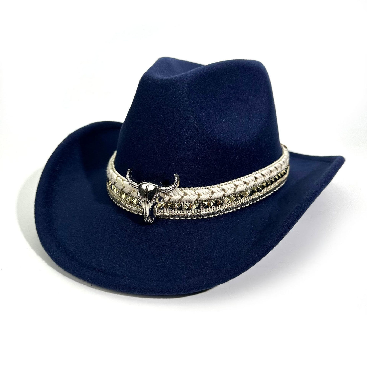 Men's Western Style Metal Bullhead Brim Belt Cowboy Hat - Navy Blue - M (22"-22 7/8") - image 11