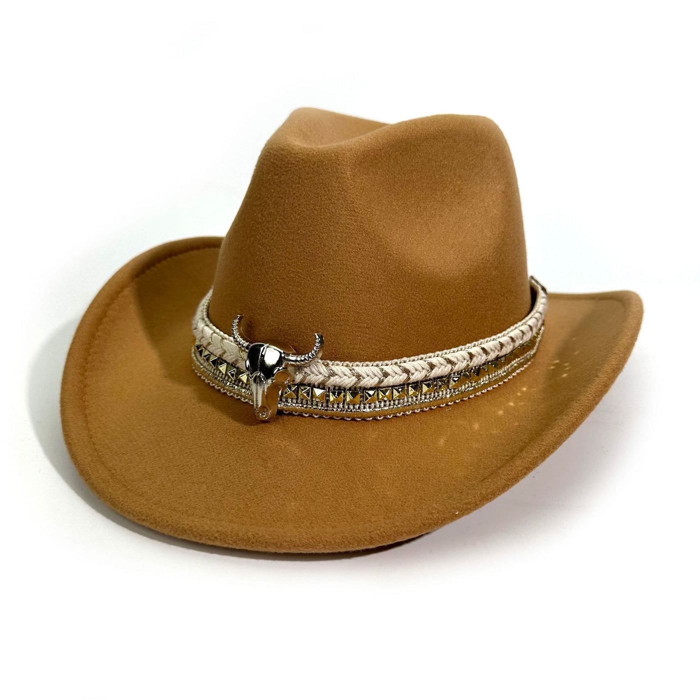 Men's Western Style Metal Bullhead Brim Belt Cowboy Hat - Camel - M (22"-22 7/8") - image 6