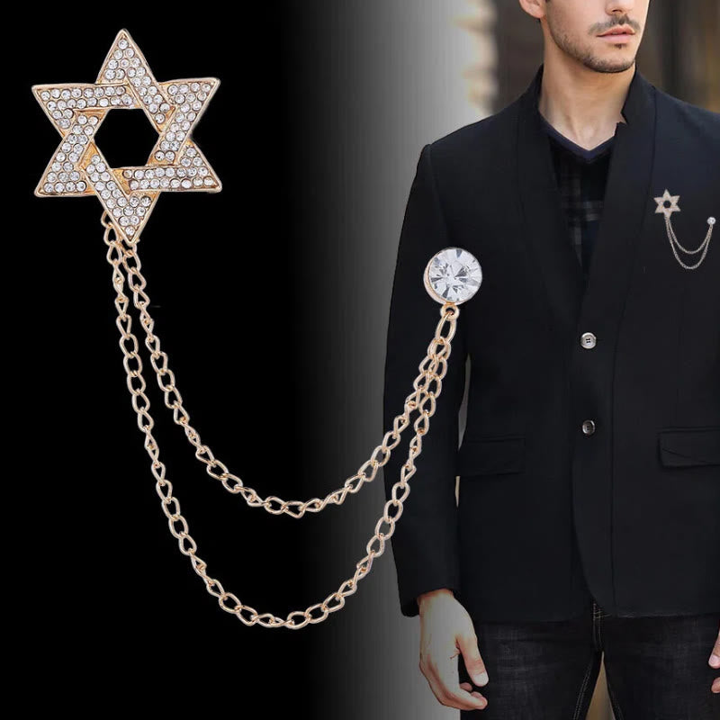 Men's Rhinestone Star of David Chain Brooch - image 0